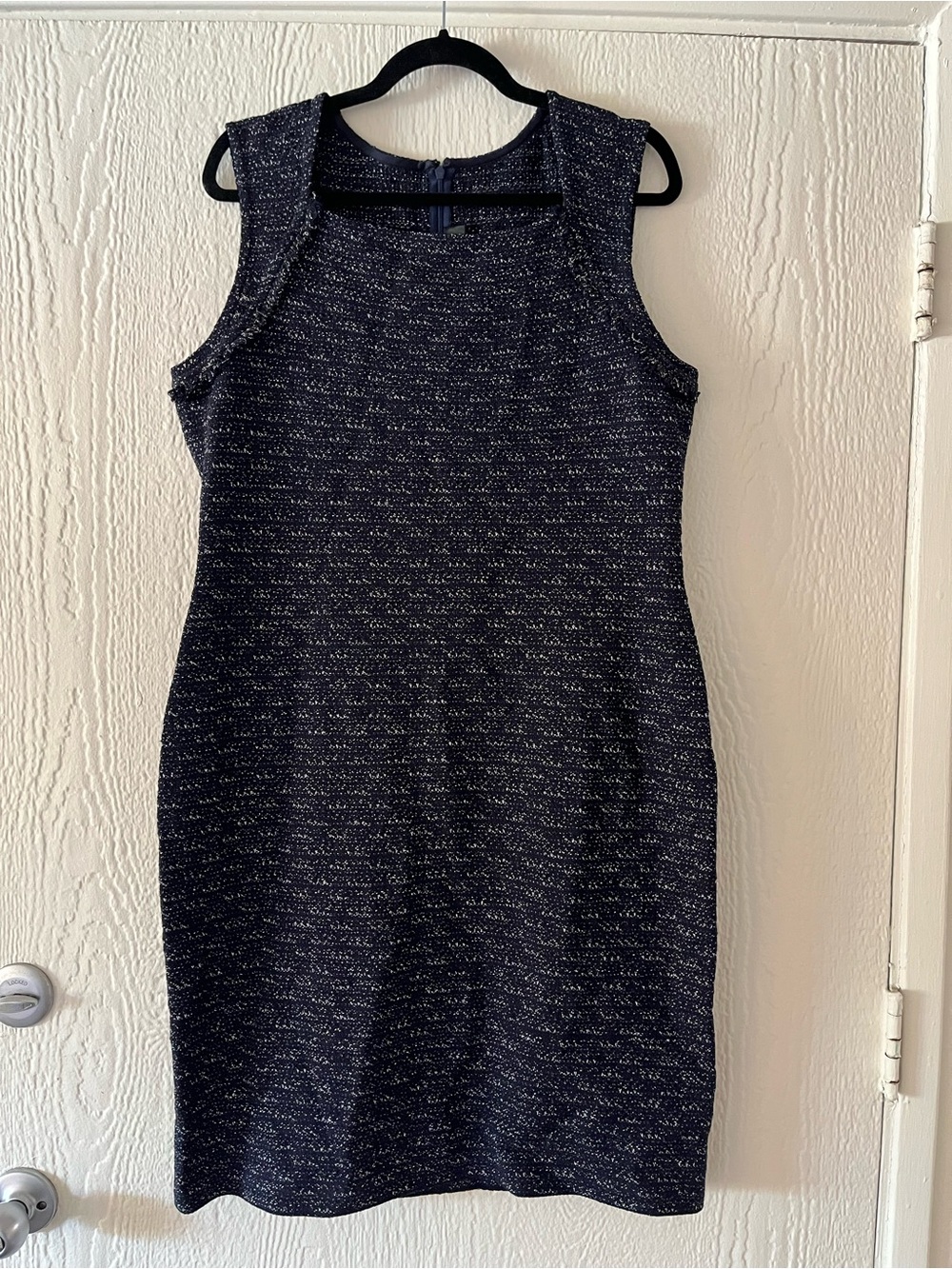 St. John Navy and Silver Tweed Midi Sheath Dress